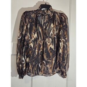 Banana Republic Women XS Brown Marble Print Smocked Mock Neck Blouse Long Sleeve